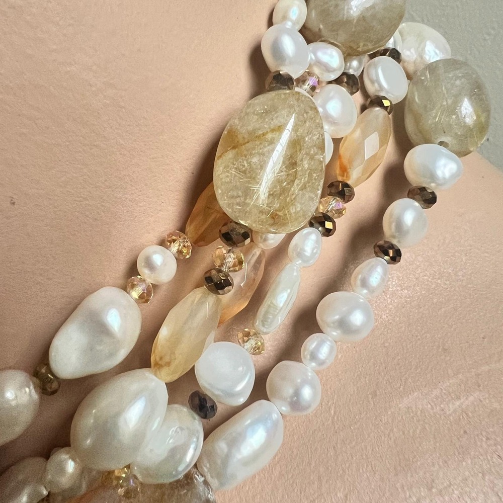 Pearl Rutilated Quartz White 18" Multi-Strand Statement Necklace - Picture 3 of 6